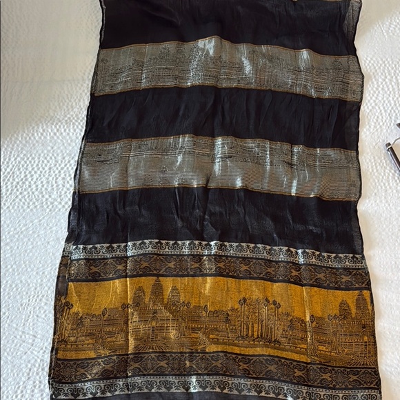 Silk Black and Gold Patterned Scarf - Picture 1 of 5